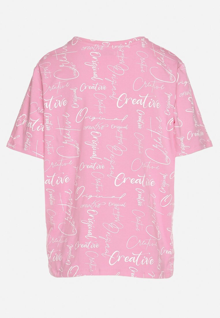 Różowy T-shirt Oversize z Bawełny Zdobiony Nadrukiem Sinelra