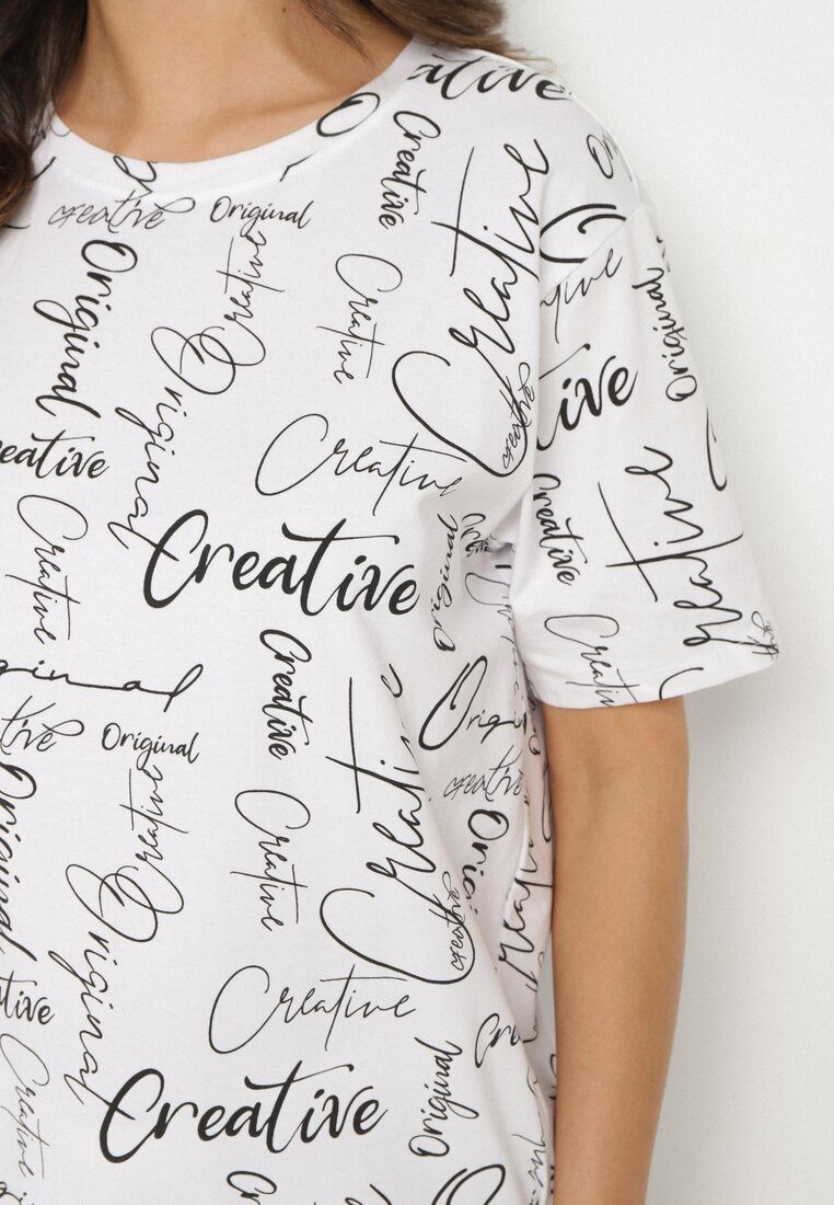 Biały T-shirt Oversize z Bawełny Zdobiony Nadrukiem Sinelra