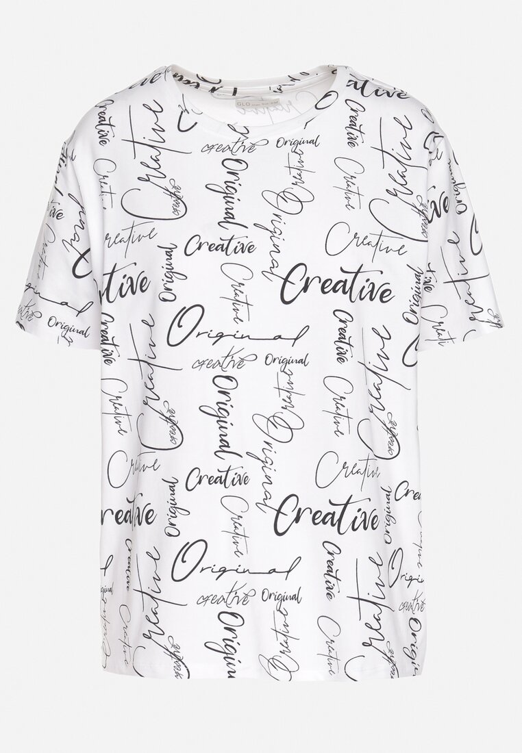 Biały T-shirt Oversize z Bawełny Zdobiony Nadrukiem Sinelra