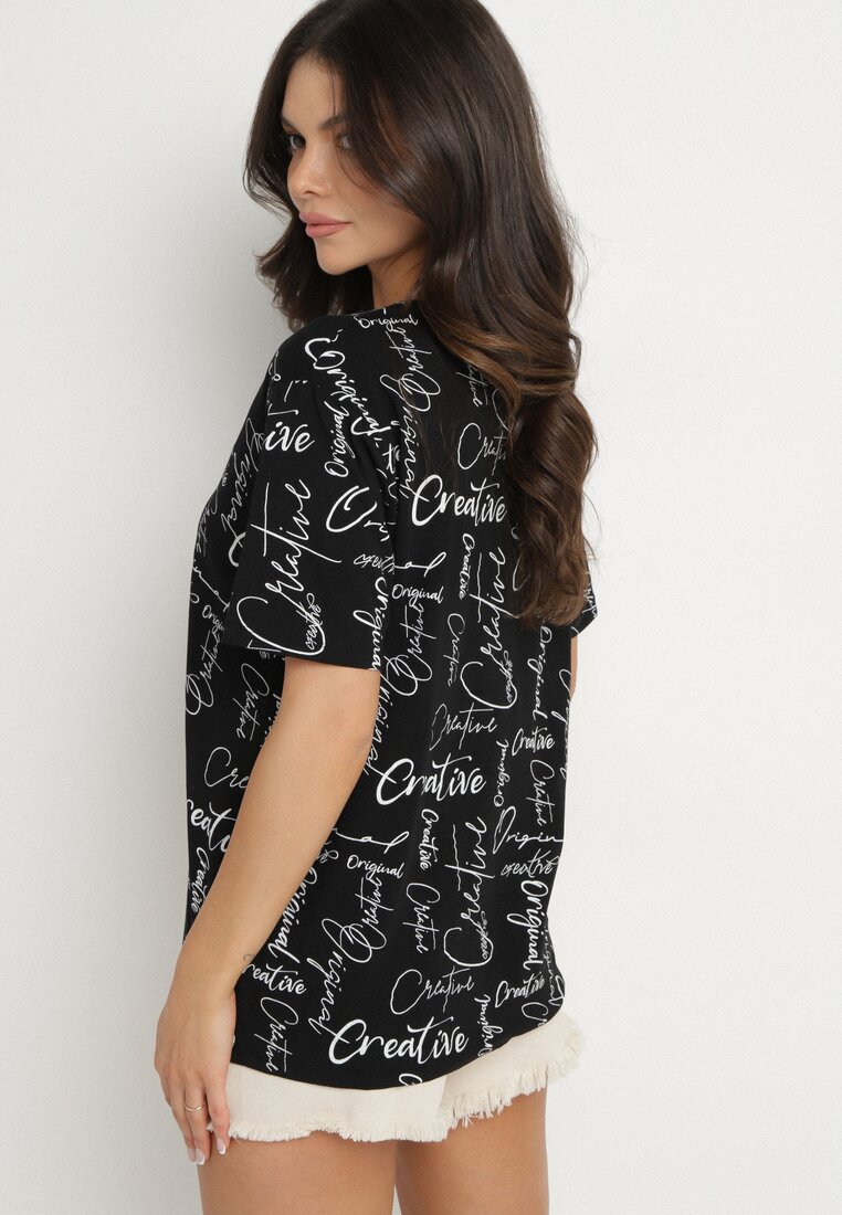 Czarny T-shirt Oversize z Bawełny Zdobiony Nadrukiem Sinelra
