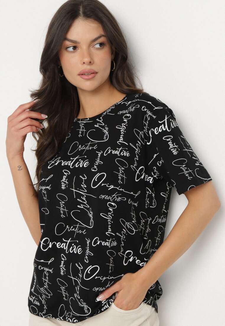 Czarny T-shirt Oversize z Bawełny Zdobiony Nadrukiem Sinelra