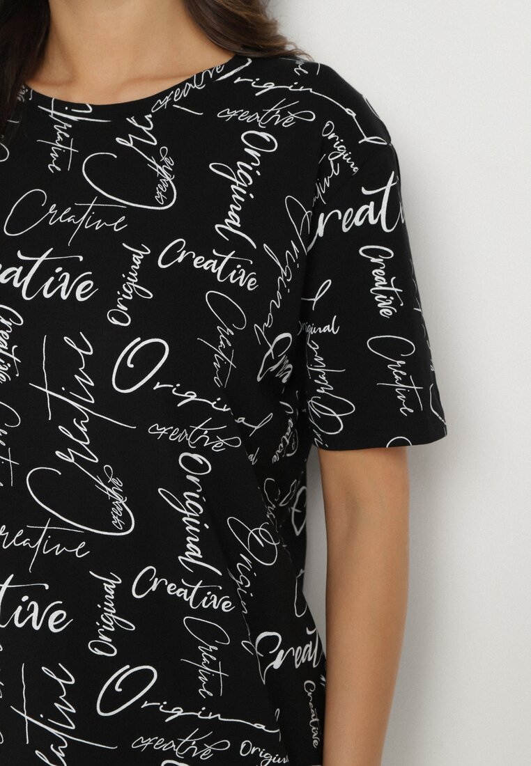 Czarny T-shirt Oversize z Bawełny Zdobiony Nadrukiem Sinelra