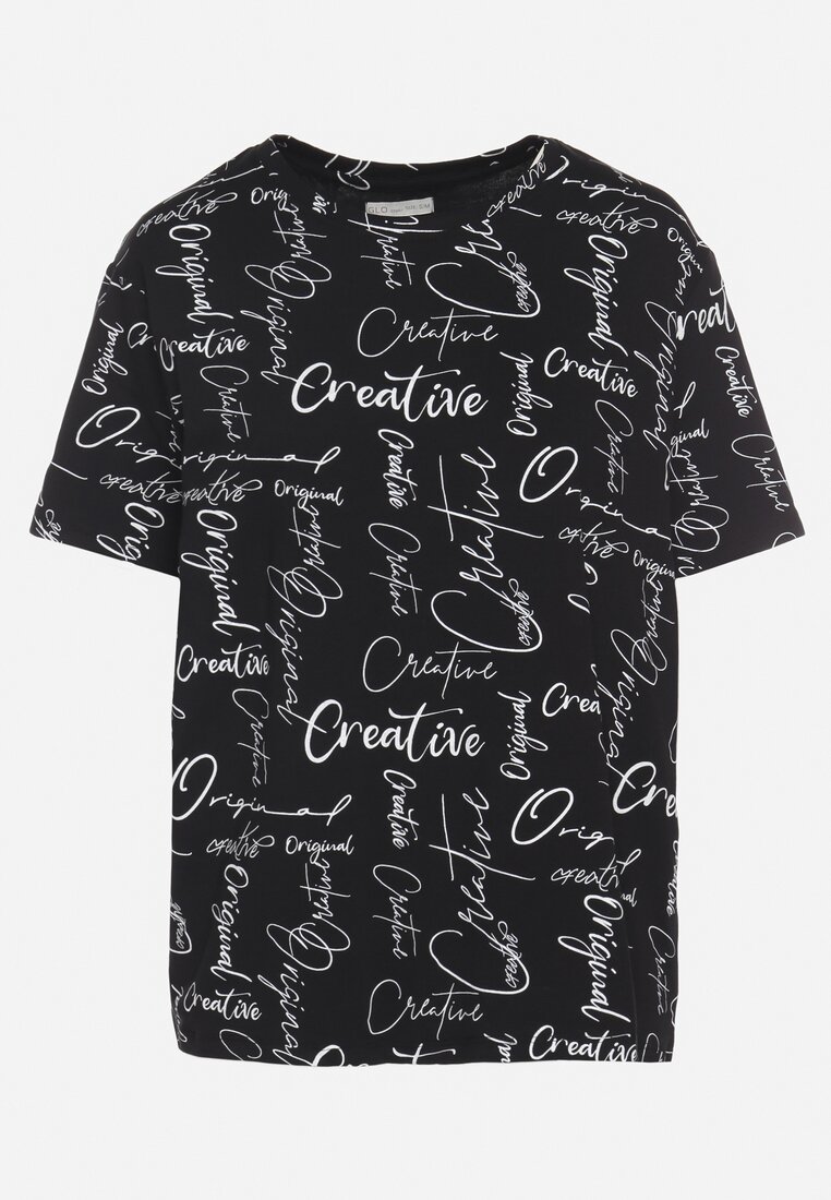 Czarny T-shirt Oversize z Bawełny Zdobiony Nadrukiem Sinelra