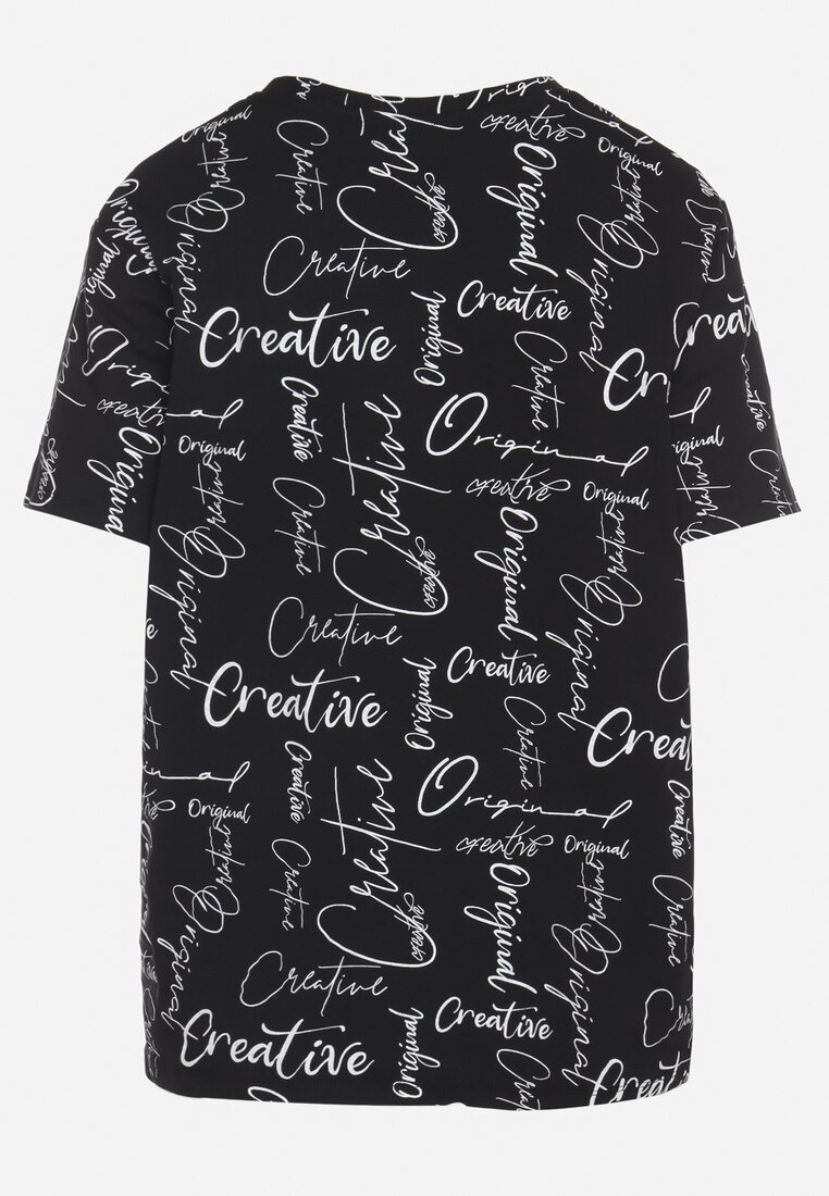 Czarny T-shirt Oversize z Bawełny Zdobiony Nadrukiem Sinelra