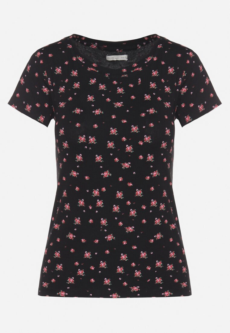 Czarny Bawełniany T-shirt w Kwiatowy Wzór Savele