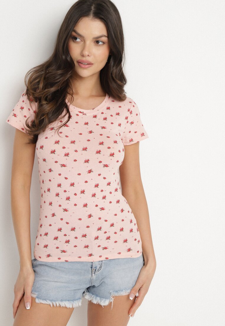 Różowy Bawełniany T-shirt w Kwiatowy Wzór Savele