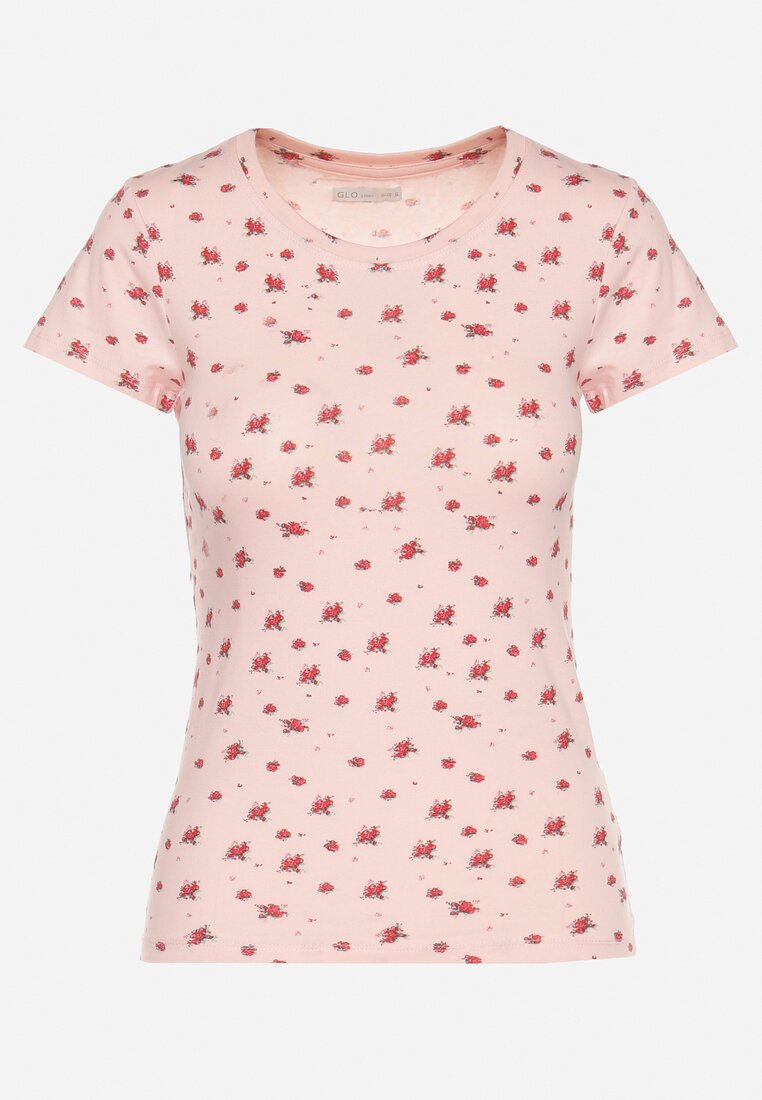 Różowy Bawełniany T-shirt w Kwiatowy Wzór Savele