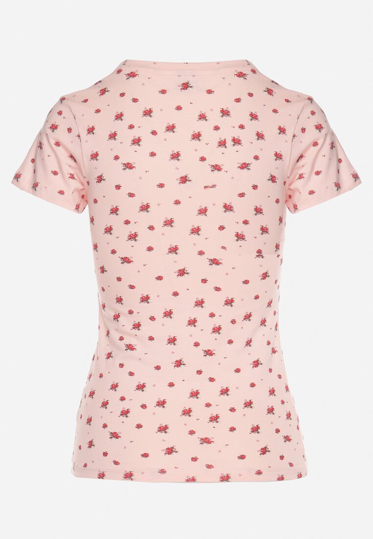 Różowy Bawełniany T-shirt w Kwiatowy Wzór Savele