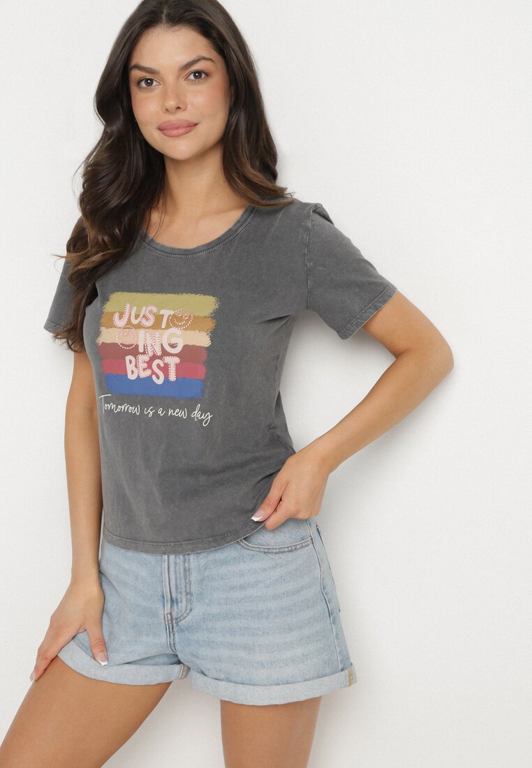 Ciemnoszary Bawełniany T-shirt Ozdobiony Nadrukiem Alonera