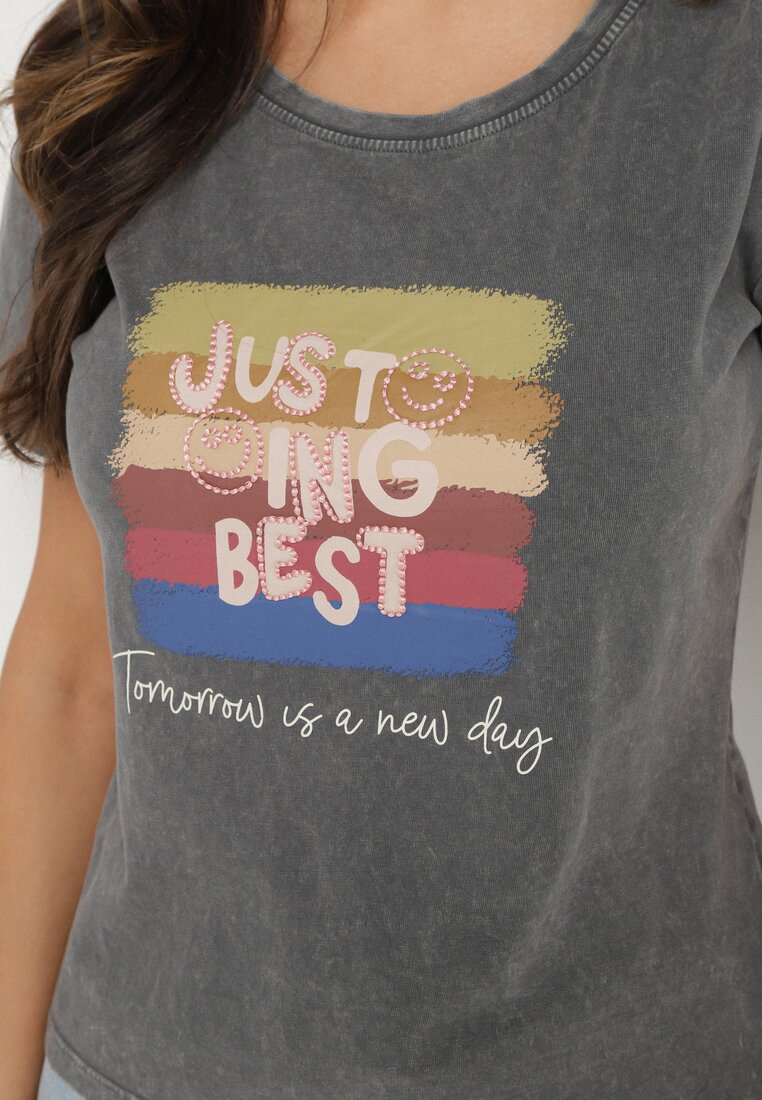 Ciemnoszary Bawełniany T-shirt Ozdobiony Nadrukiem Alonera
