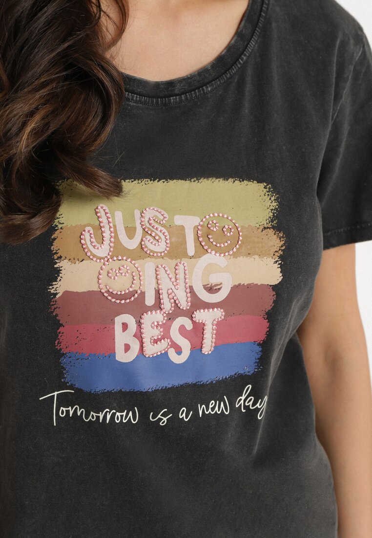 Czarny Bawełniany T-shirt Ozdobiony Nadrukiem Alonera