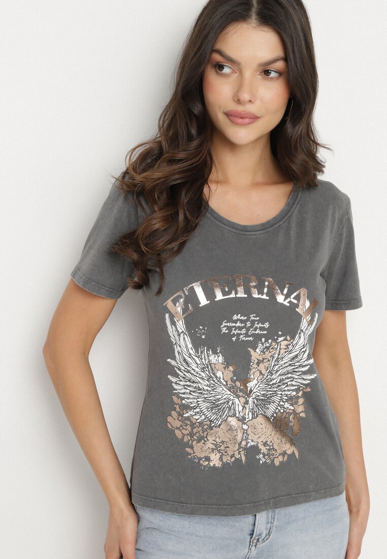Ciemnoszary T-shirt z Bawełny z Nadrukiem Erenova