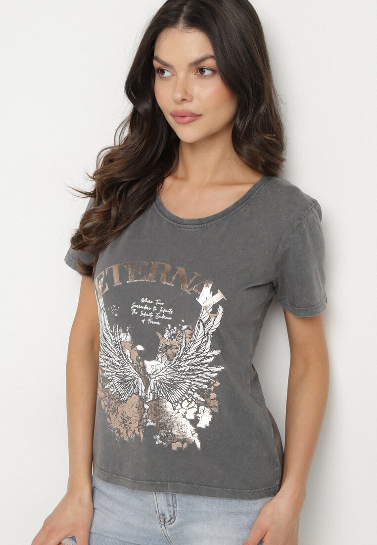 Ciemnoszary T-shirt z Bawełny z Nadrukiem Erenova