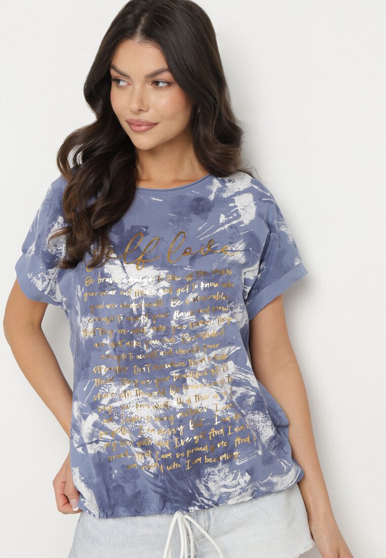 Niebieski T-shirt z Bawełny Ozdobiony Metalicznymi Napisami i Wiązaniem Savorisse