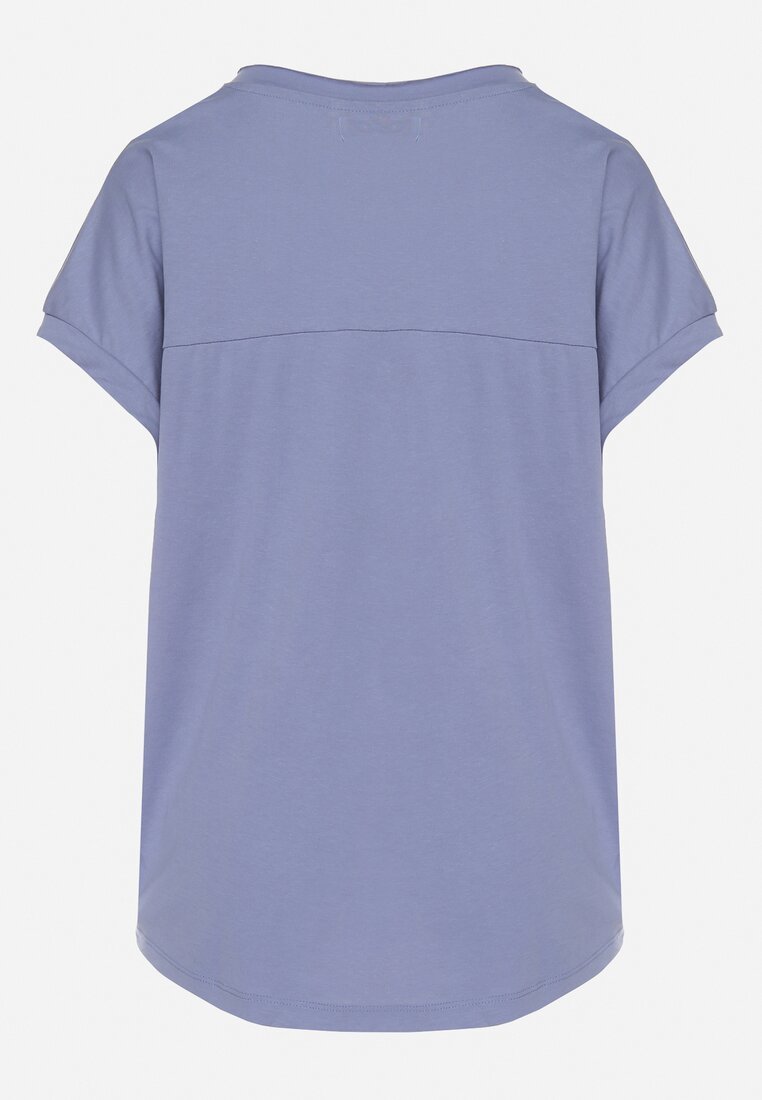 Niebieski T-shirt z Bawełny Ozdobiony Metalicznymi Napisami i Wiązaniem Savorisse
