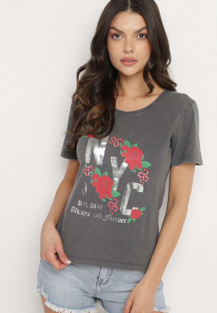 Ciemnoszary T-shirt z Bawełny Ozdobiony Napisami i Kwiatami Savierele