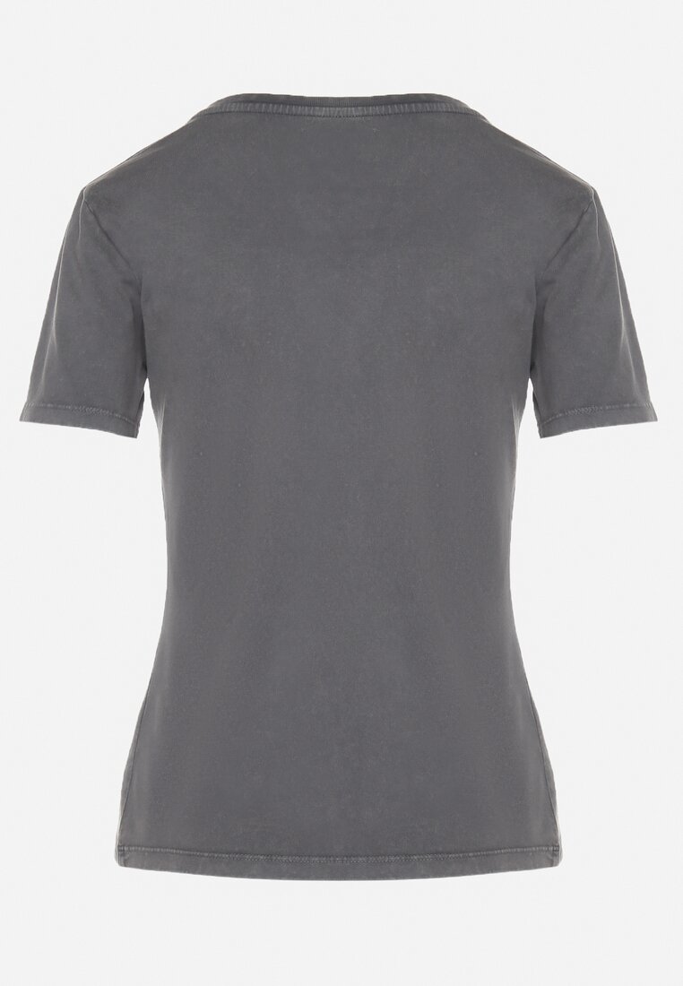 Ciemnoszary T-shirt z Bawełny Ozdobiony Napisami i Kwiatami Savierele