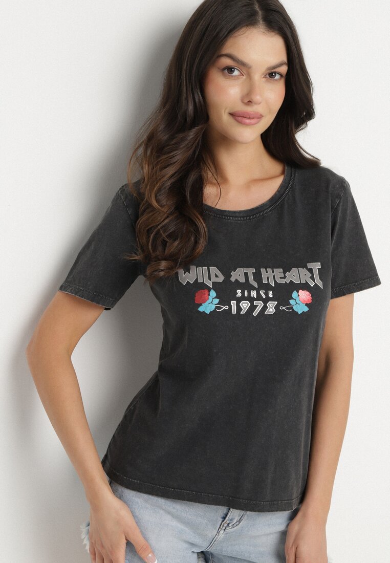 Czarny Bawełniany T-shirt z Metalicznym Nadrukiem Savariae
