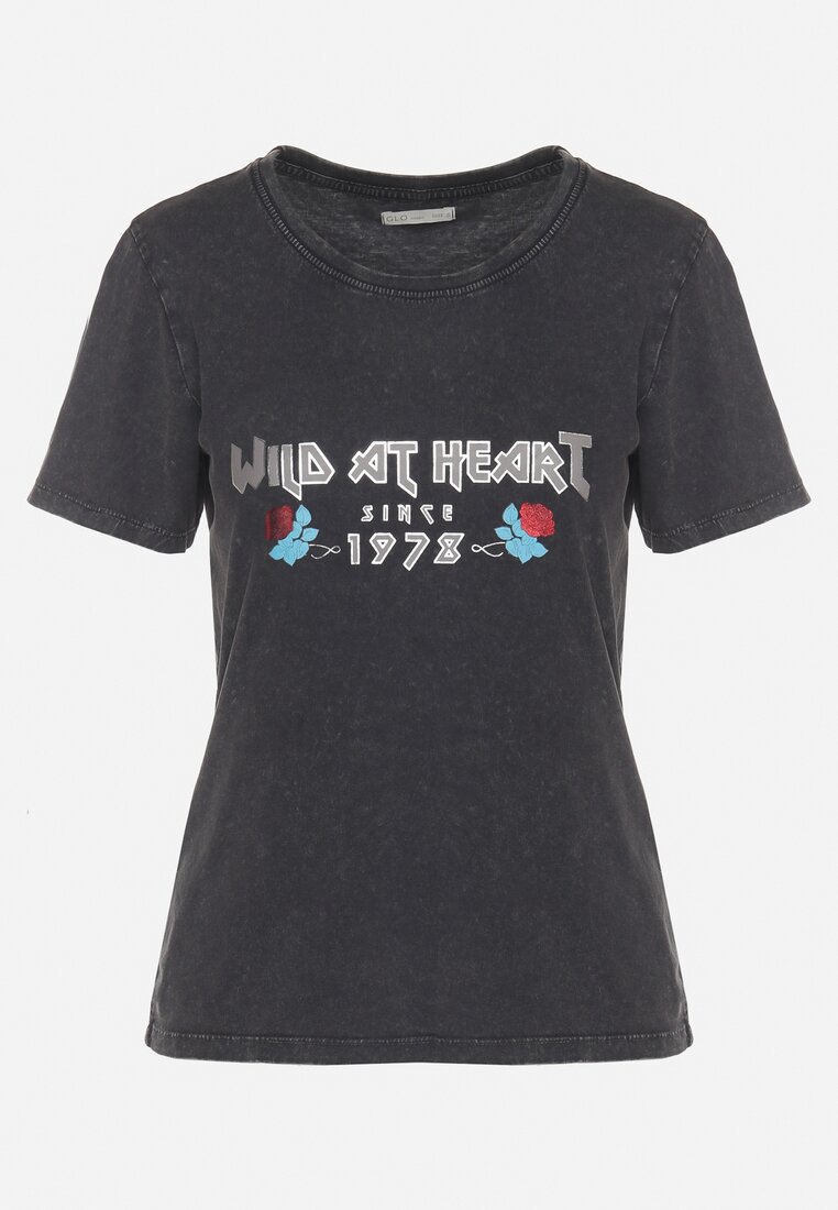 Czarny Bawełniany T-shirt z Metalicznym Nadrukiem Savariae
