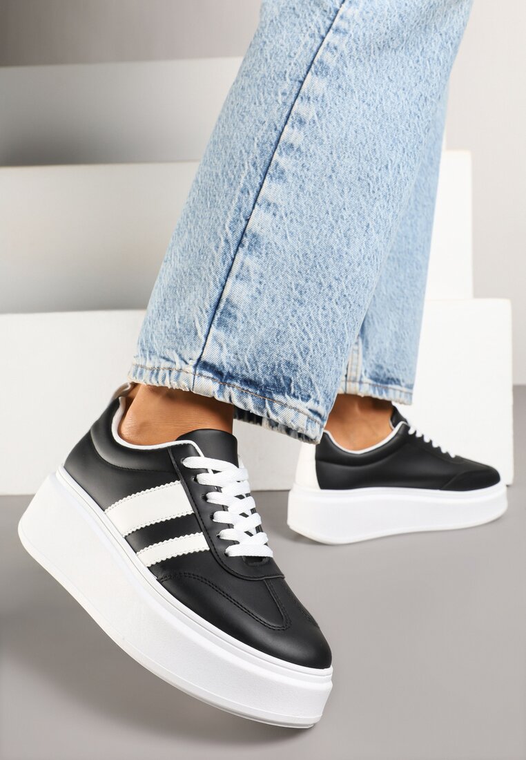 Czarne Sneakersy w Stylu Klasycznych Tenisówek na Grubej Podeszwie Rediree