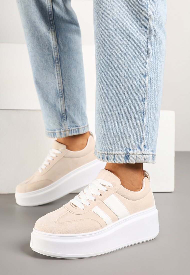 Beżowe Sneakersy w Stylu Klasycznych Tenisówek na Grubej Podeszwie Rediree