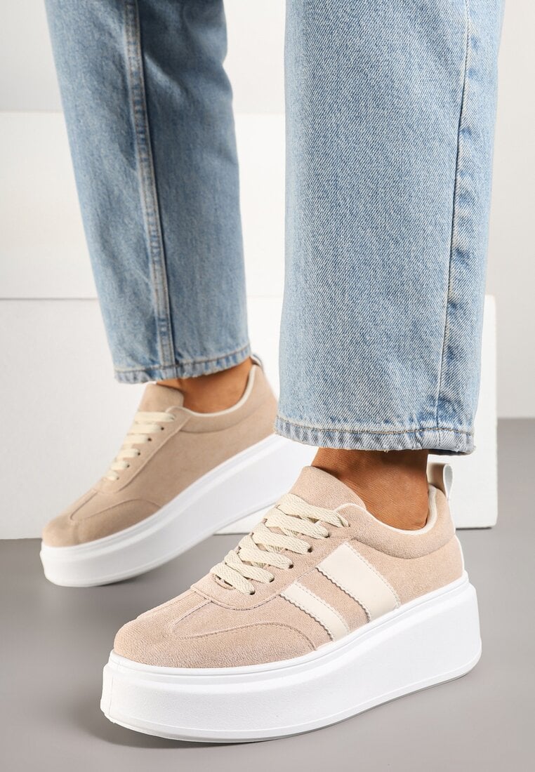 Ciemnobeżowe Sneakersy w Stylu Klasycznych Tenisówek na Grubej Podeszwie Rediree