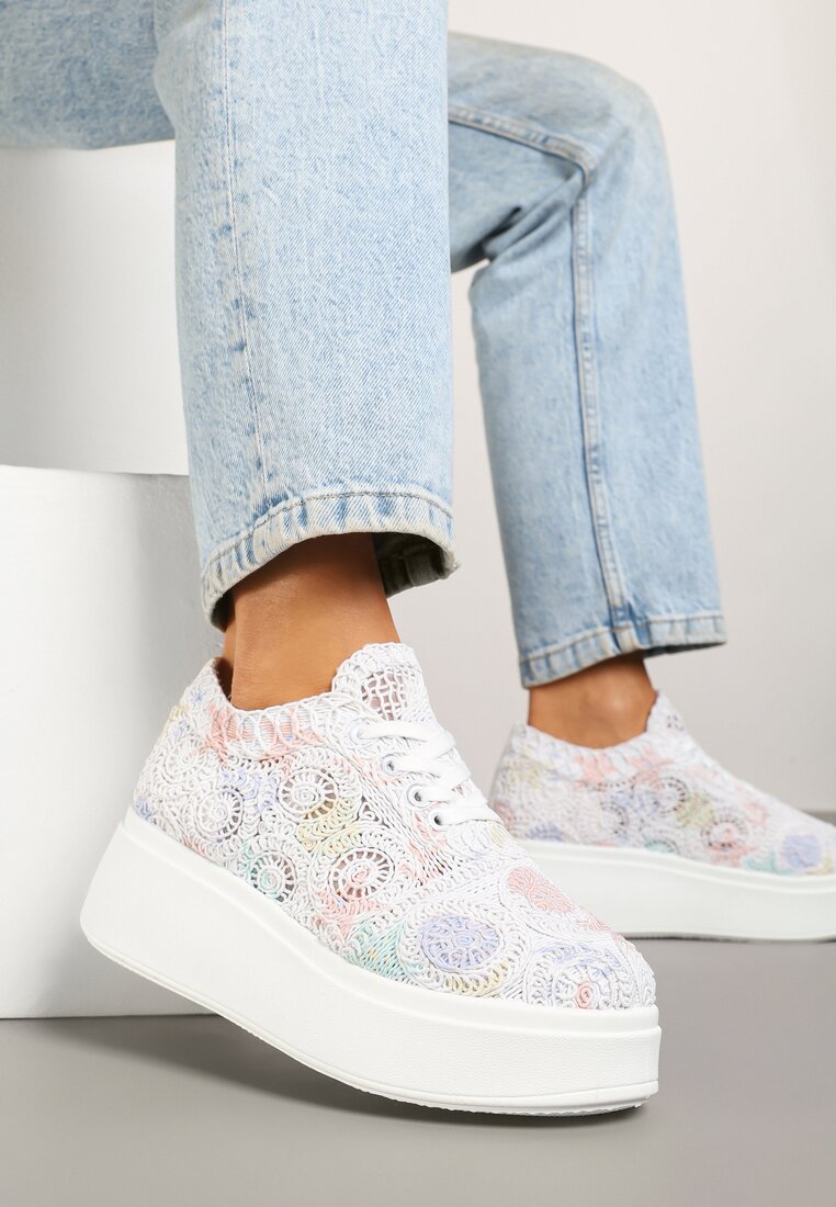 Biało-Różowe Sneakersy w Stylu Tenisówek na Platformie z Szydełkową Cholewką Filusenia