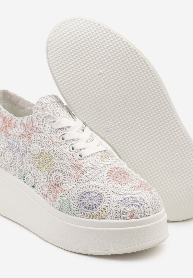 Biało-Różowe Sneakersy w Stylu Tenisówek na Platformie z Szydełkową Cholewką Filusenia