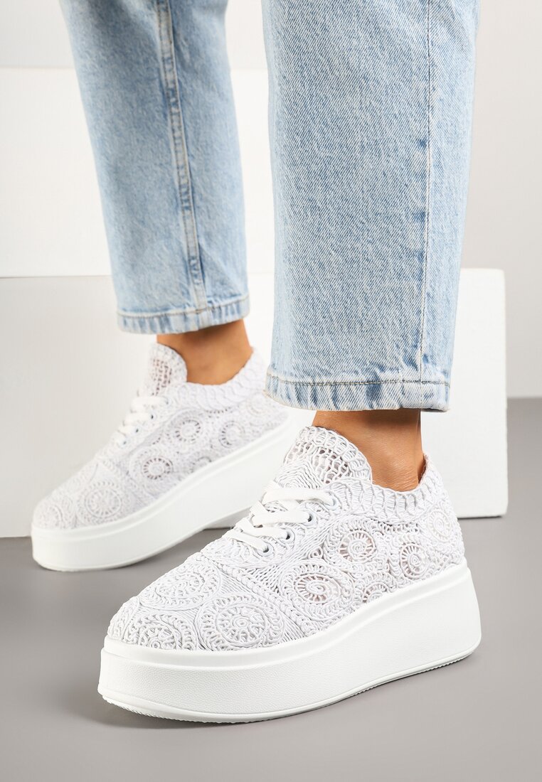 Białe Sneakersy w Stylu Tenisówek na Platformie z Szydełkową Cholewką Filusenia