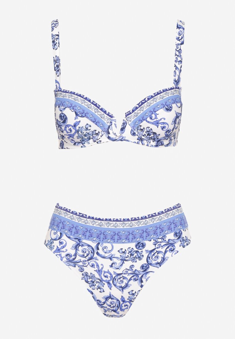 Niebieskie Bikini w Ornamentalny Wzór Biustonosz i Majtki Figi Mirazia