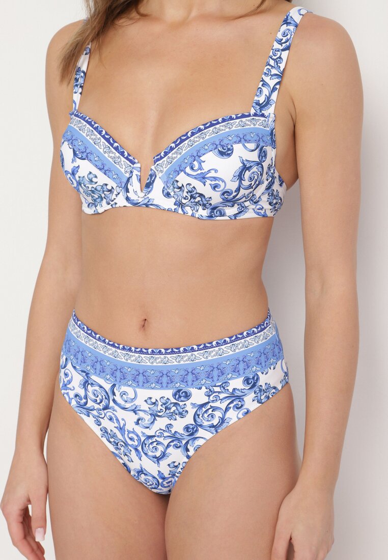 Niebieskie Bikini w Ornamentalny Wzór Biustonosz i Majtki Figi Mirazia