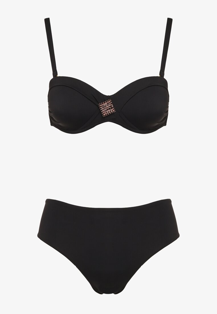 Czarne Bikini Majtki Typu Figi i Biustonosz z Geometryczną Ozdobą Kinavia