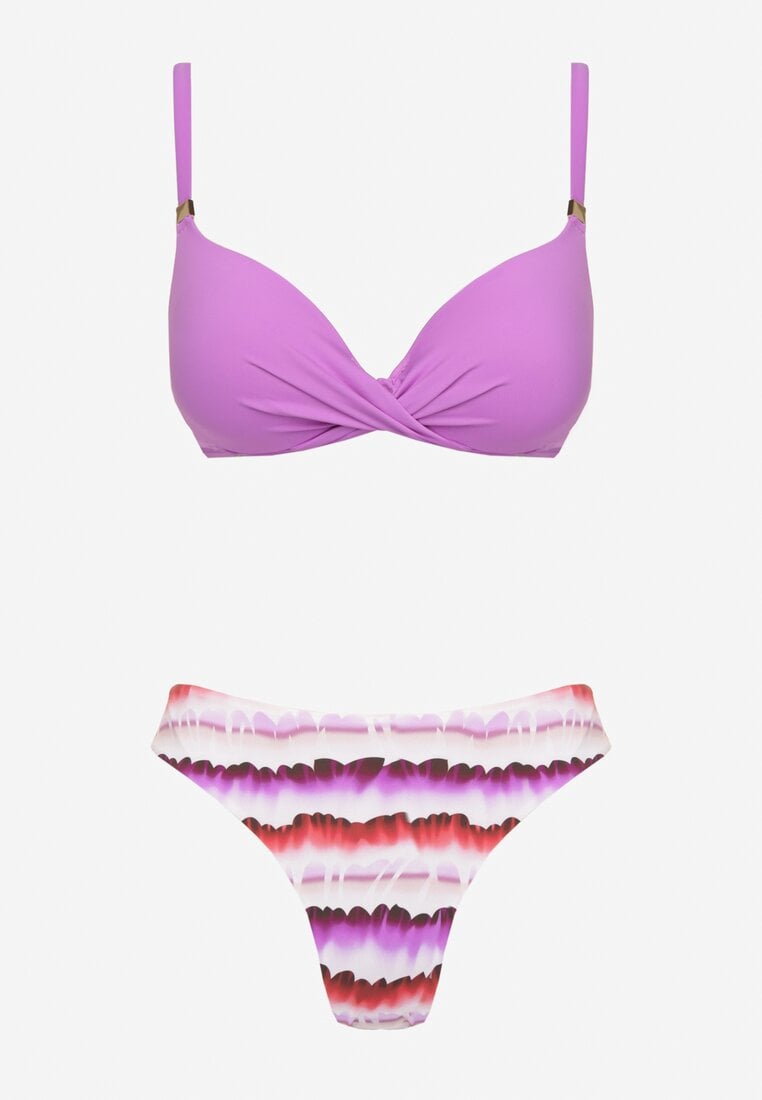Fioletowo-Różowe Bikini Biustonosz i Majtki Typu Figi z Nadrukiem Natimela