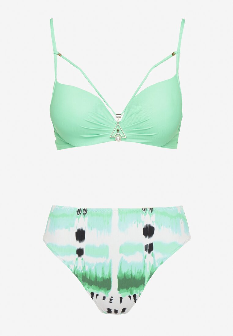 Ciemnozielone Bikini Biustonosz Push-Up z Ozdobnymi Paskami i Majtki Typu Figi Kinrisa