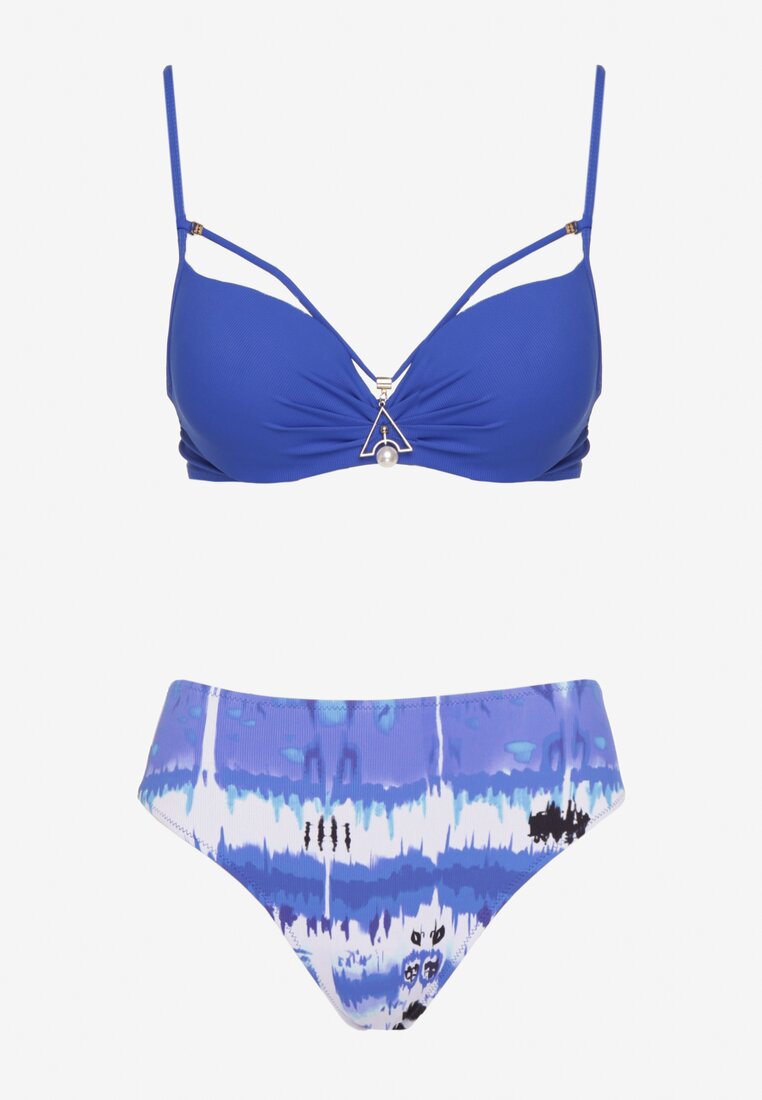Niebieskie Bikini Biustonosz Push-Up z Ozdobnymi Paskami i Majtki Typu Figi Kinrisa
