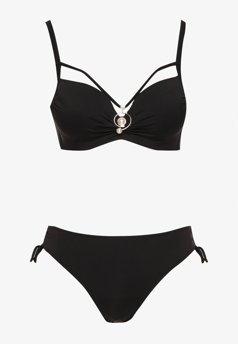Czarne Bikini Biustonosz z Aplikacją i Majtki Figi ze Ściągaczami Ulosella