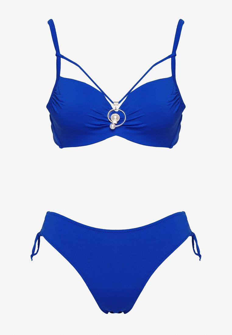 Niebieskie Bikini Biustonosz z Aplikacją i Majtki Figi ze Ściągaczami Ulosella