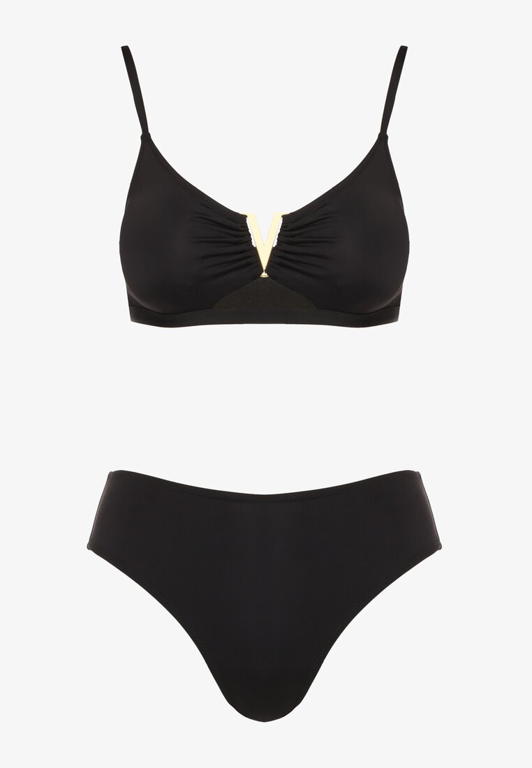 Czarne Bikini Biustonosz z Metaliczną Ozdobą i Majtki Figi Kinirela