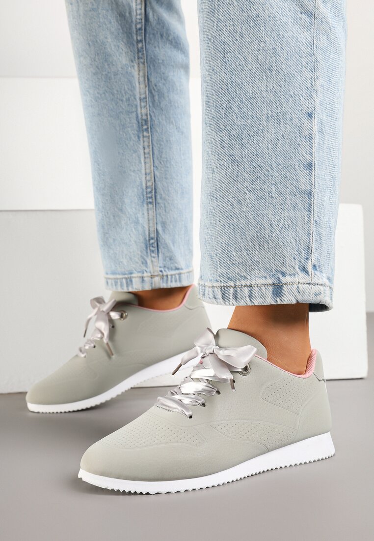 Szaro-Różowe Sneakersy Półbuty Ozdobione Wstążką Filarissa