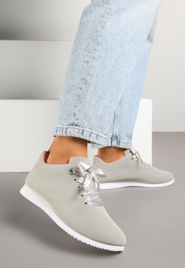 Szaro-Różowe Sneakersy Półbuty Ozdobione Wstążką Filarissa