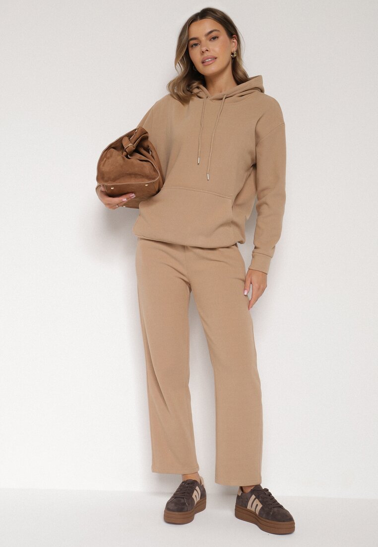 Ciemnobeżowy Bawełniany Komplet Dresowy z Bluzą i Spodniami Zansira