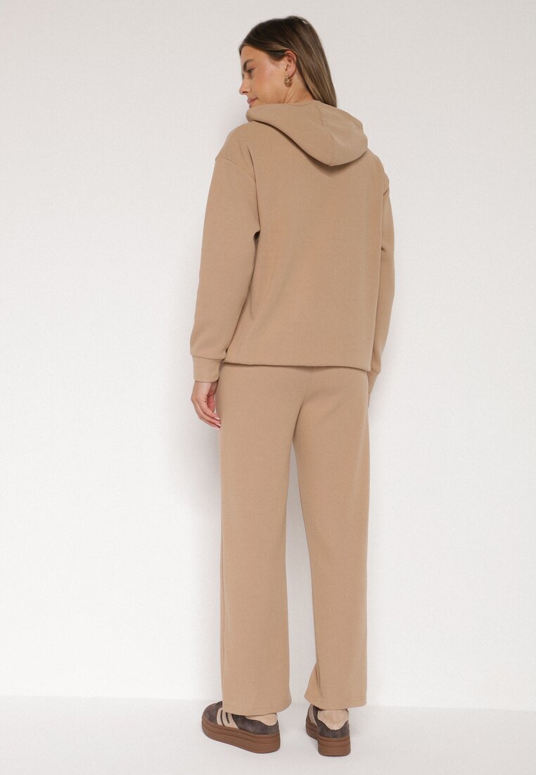 Ciemnobeżowy Bawełniany Komplet Dresowy z Bluzą i Spodniami Zansira