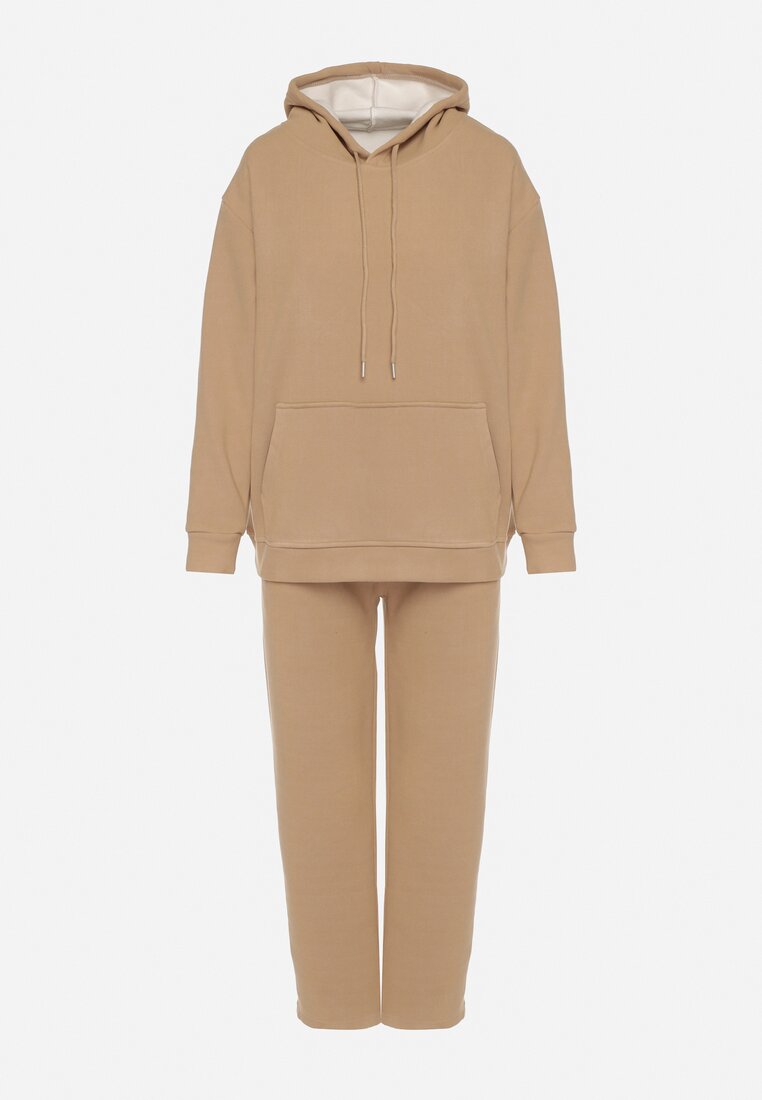 Ciemnobeżowy Bawełniany Komplet Dresowy z Bluzą i Spodniami Zansira