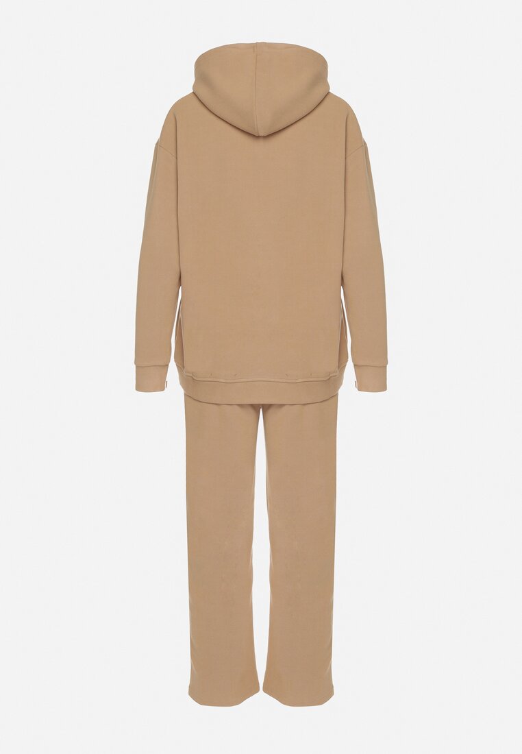 Ciemnobeżowy Bawełniany Komplet Dresowy z Bluzą i Spodniami Zansira