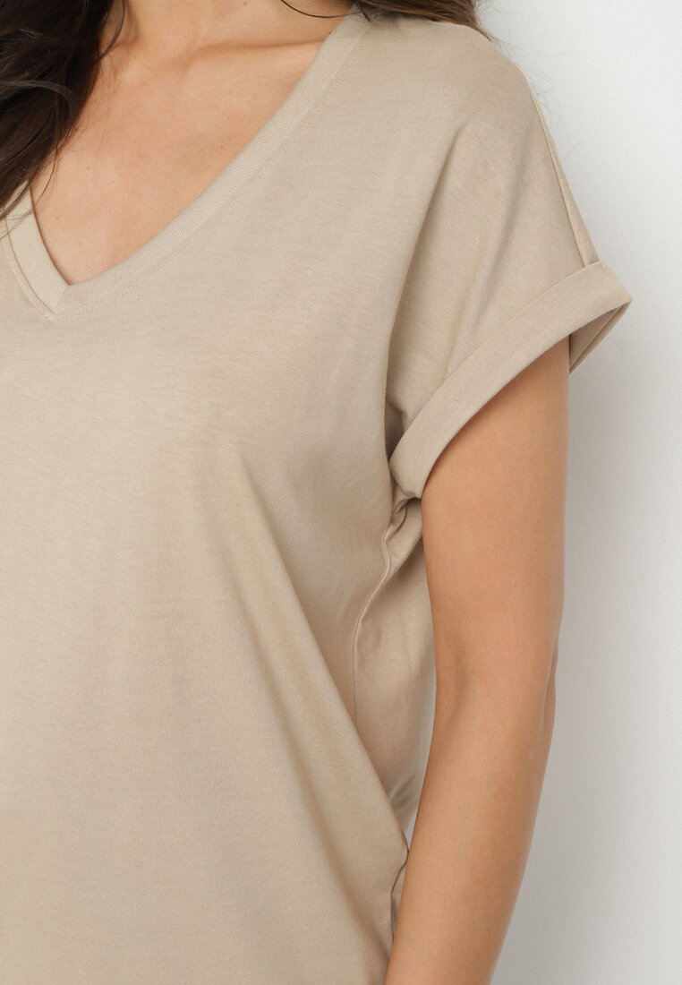 Beżowy T-shirt z Bawełny z Trójkątnym Dekoltem Lireande