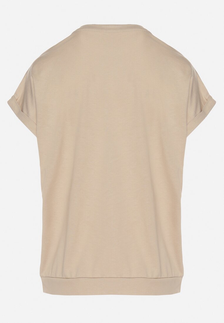 Beżowy T-shirt z Bawełny z Trójkątnym Dekoltem Lireande