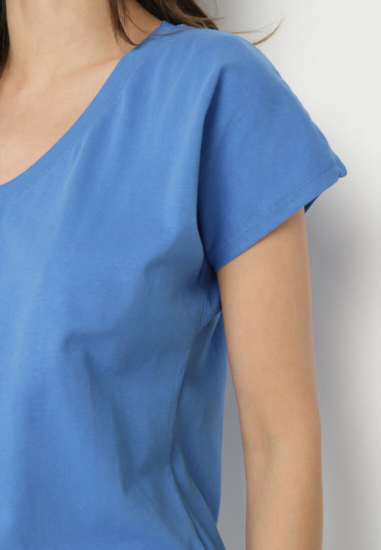 Niebieski Bawełniany T-shirt z Trójkątnym Dekoltem Linarosea