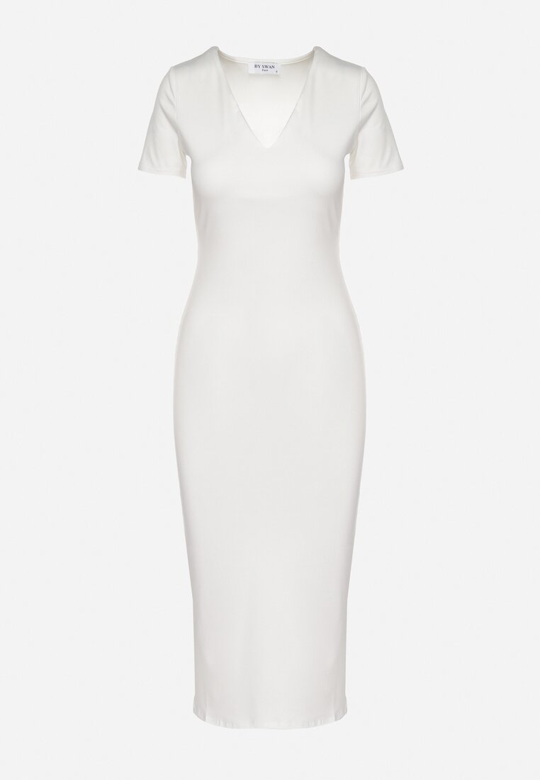 Biała Sukienka Dopasowana Bodycon z Dekoltem w Serek Efricene