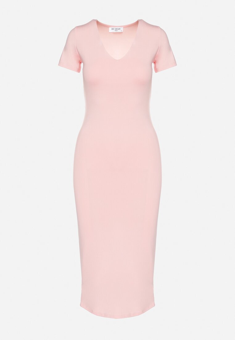 Różowa Sukienka Dopasowana Bodycon z Dekoltem w Serek Efricene
