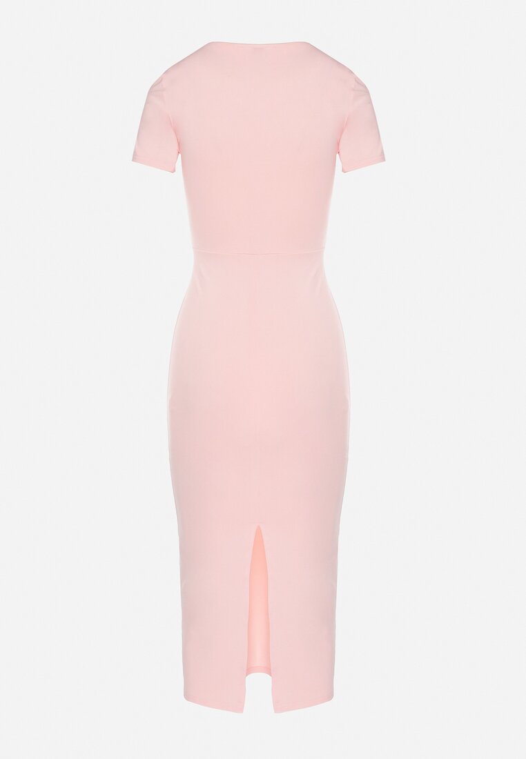 Różowa Sukienka Dopasowana Bodycon z Dekoltem w Serek Efricene